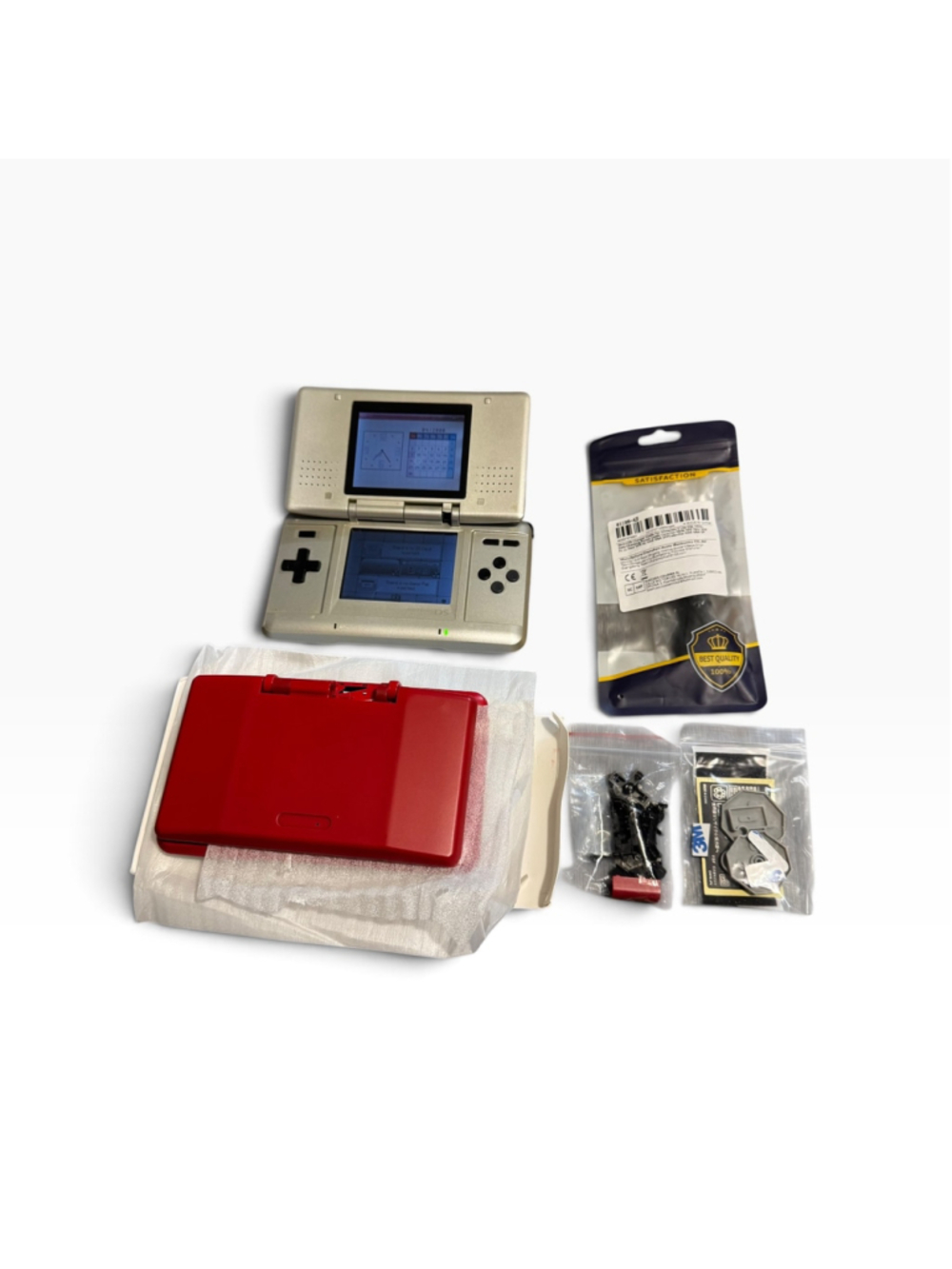 Nintendo DS Handheld Console Silver Bundle With Red Reshell Diy Kit and Charger